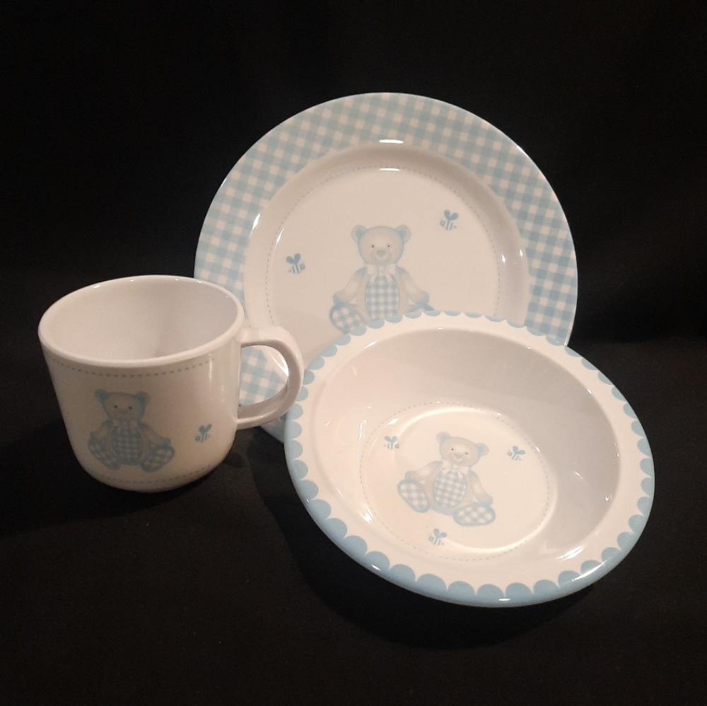 Blue Gingham Teddy Bear 3 Pc. Baby Toddler Melamine Dinner Set ~ Reed & Barton